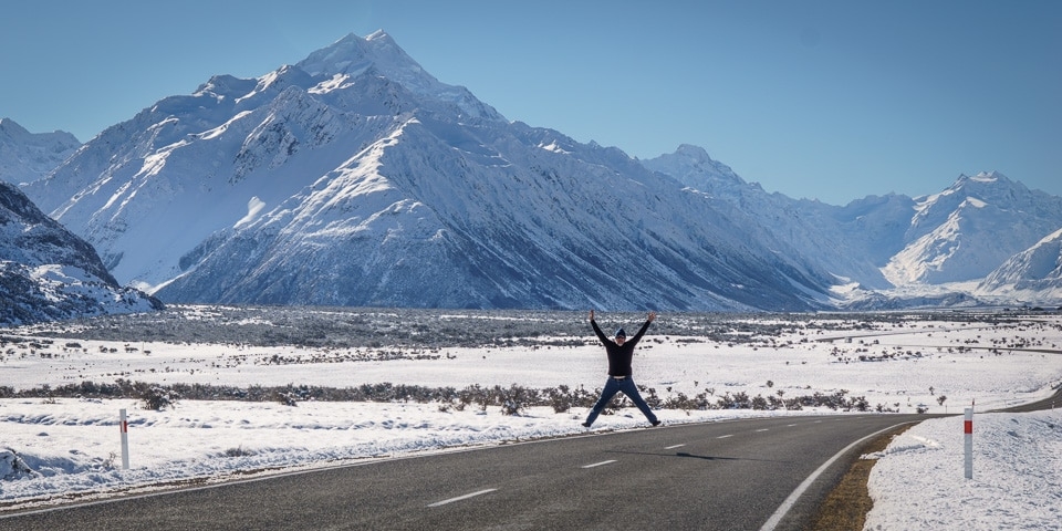 Star jump in front of Mt Cook